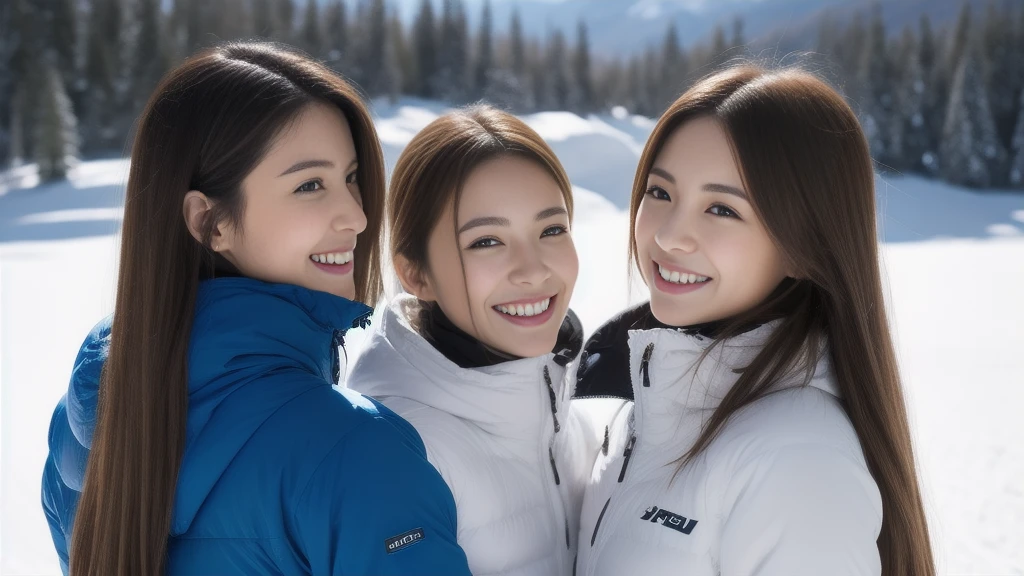 The face is a hostess、Beauty 3 people、Ski Wear、hiquality、A hyper-realistic、healthy、Smiling expression、Slender perfect figure、Japan beauties、beautidful eyes、face perfect、Beautiful skin、from the rear、a ski