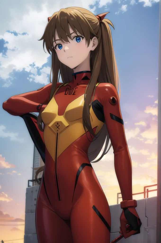 asukalangley, asuka langley soryu, (souryuu asuka langley:1.2), long hair, bangs, blue eyes, brown hair, hair ornament,
BREAK bodysuit, pilot suit, plugsuit, (red bodysuit:1.5), interface headset,
BREAK outdoors, city, sky, clouds, sun,
BREAK looking at viewer, (cowboy shot:1.5),
BREAK (masterpiece:1.2), best quality, high resolution, unity 8k wallpaper, (illustration:0.8), (beautiful detailed eyes:1.6), extremely detailed face, perfect lighting, extremely detailed CG, (perfect hands, perfect anatomy),