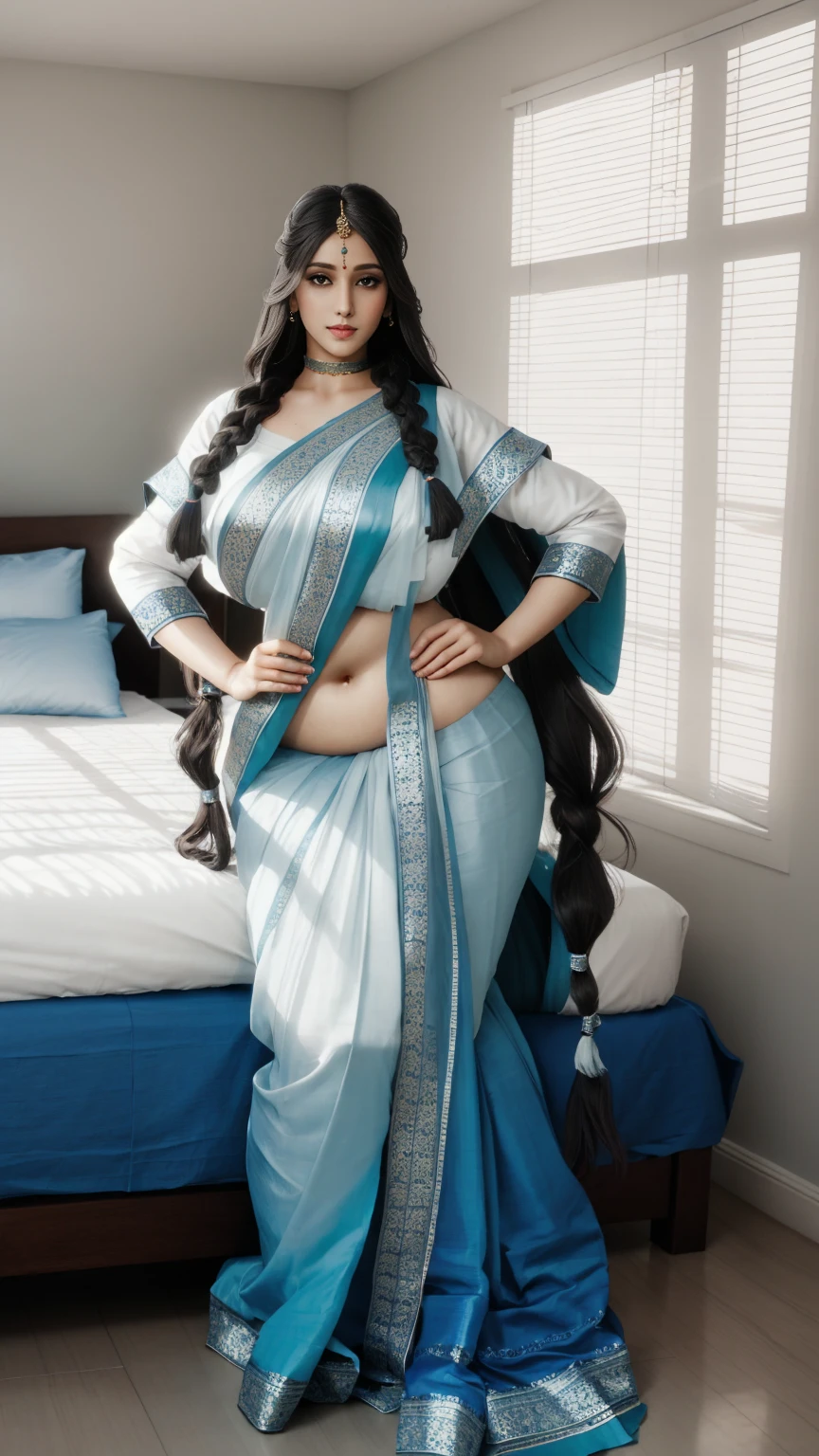 There is a indian white woman wearing blue sari in a bedroom, foggy, full body, perfect straight pose, cinematic, winter, detailed face, detailed body, symmetric face, detailed background, big eyes, traditional, gorgeous, cute, long braid hair, innocent face, photorealistic, ultra quality, volumetric lighting, god rays, bedroom scenary shadow, masterpiece, 8k