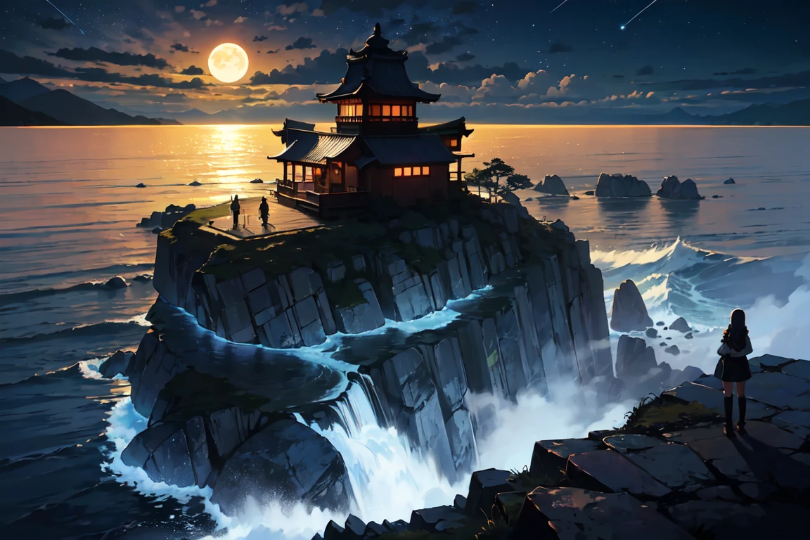 ((Overlooking)) , ((Mysterious Night Island)), ((Helicopter shot)), (İSLAND), 
mysterious, night, full moon, starlight, Quiet Sea, Blue light, Island silhouette, Wave, Fantasy, Blue Mist, (Ancient stone carvings), Shining Water Surface, light in the darkness