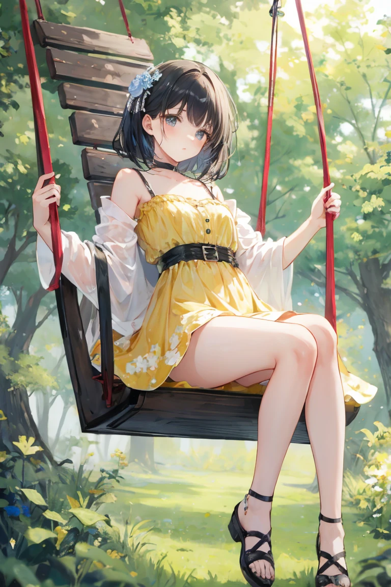 Full body picture of a beautiful 25 year-old girl playing on a swing hanging in a forest tree, wearing flowery short yellow colour swirly frock, attractive feminine form, beautiful thighs, morning light, Disney Pixar