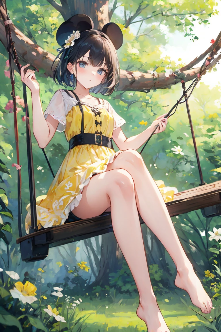 Full body picture of a beautiful 25 year-old girl playing on a swing hanging in a  forest tree, wearing flowery short yellow colour swirly frock, attractive feminine form, beautiful thighs, morning light, Disney Pixar