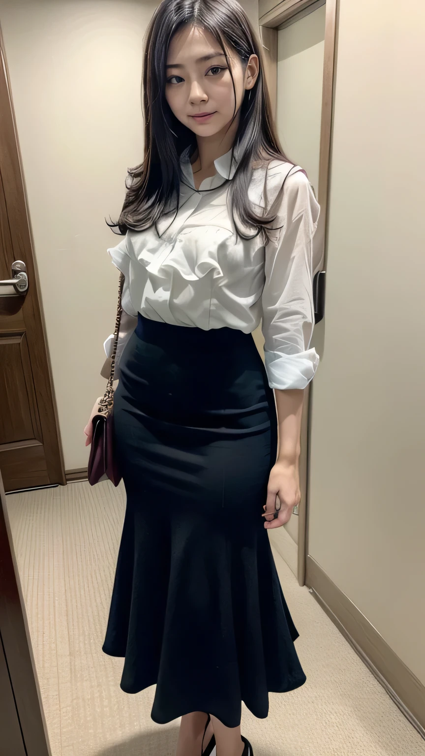 (Japan Office:1.5、Several women walking down the hallway、Walking down the hallway2people)、(Realistic、Like a photograph、Live Action、8k, Realistic, RAW Photos, Best image quality: 1.4), Single-lens reflex camera、RAW Photos, Highest quality, Realistic, Highly detailed CG Unity 8k wallpaper, Written boundary depth, Cinematic Light, Lens flare, Ray Tracing, Realistic background、(Blouses with ruffles:1.4、mermaidskirt:1.4、Long skirt)、(Hold the document in your hand、Women walking and talking)、((Black straight long hair:1.1))、 woman2name,Cute Japanese women、((whole body:1.5))、I like that style、stylish、Very detailed、Pay attention to the details、Perfect outfit、(White skin)、Beautiful feet:1.1、View from the front、Accurate Arm、Anatomically correct body、Accurate fingering