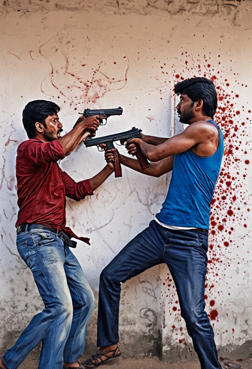 painting of two men with guns and blood on a wall, by Odhise Paskali, rotoscoped, violence, with violence, by Bikash Bhattacharjee, by Abdullah Gërguri, fanart, gun fight, by Noe Canjura, accurate depiction, by Paul Bird, single bangla farmer fighting, by Ingrida Kadaka