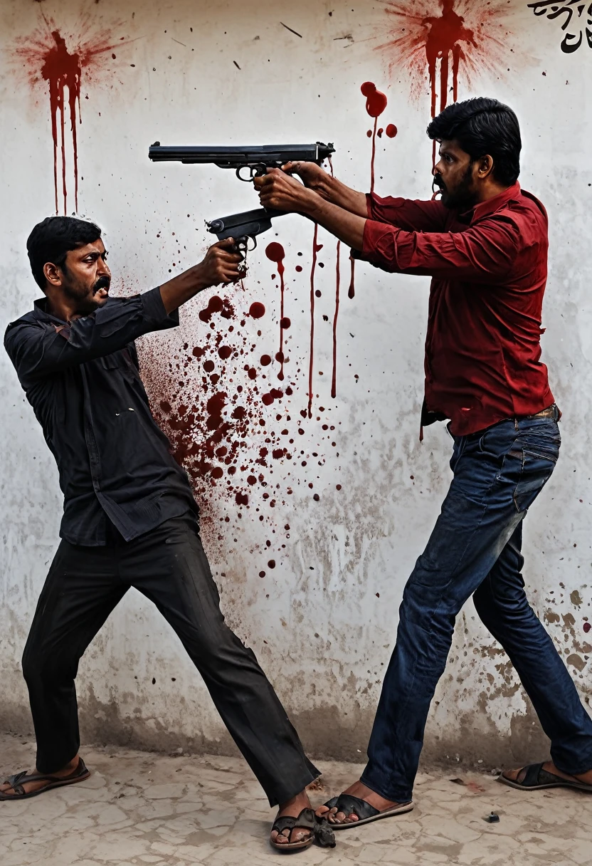 painting of two men with guns and blood on a wall, by Odhise Paskali, rotoscoped, violence, with violence, by Bikash Bhattacharjee, by Abdullah Gërguri, fanart, gun fight, by Noe Canjura, accurate depiction, by Paul Bird, single bangla farmer fighting, by Ingrida Kadaka