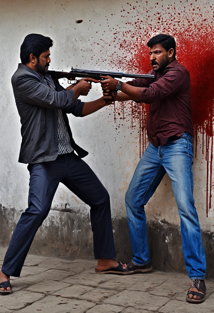 painting of two men with guns and blood on a wall, by Odhise Paskali, rotoscoped, ????????, with ????????, by Bikash Bhattacharjee, by Abdullah Gërguri, fanart, gun fight, by Noe Canjura, accurate depiction, by Paul Bird, single bangla farmer fighting, by Ingrida Kadaka