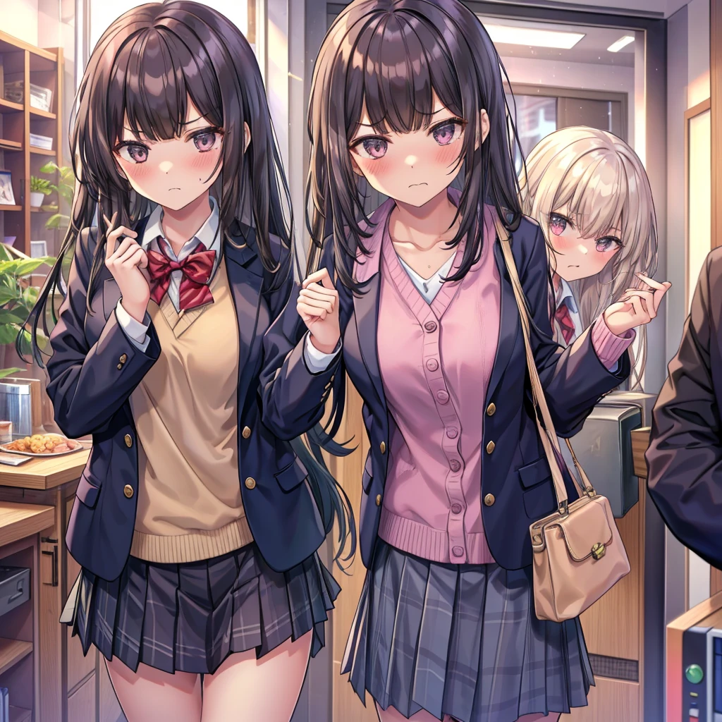 Colleges and universities Girls-only school Baby Face Multiple female students Colleges and universities教室の背景 Center of the room Multiple female studentsが口喧嘩 beautiful girl Classmate Multiple women belligerent Angry with frown Very cute blazer Blushing cheeks Very embarrassed look Angry attitude glaring at each other