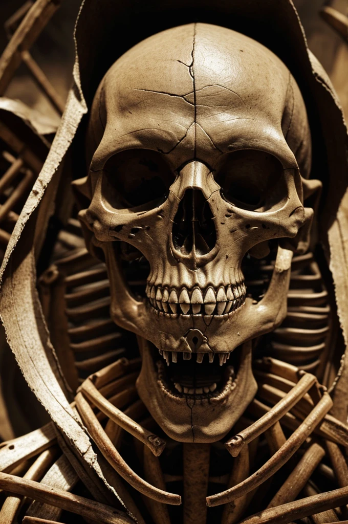 In a terrible place some people are eating human flesh in a horrible way. And there will be human skeletons around. They look awfully fierce. These people are eating people's liver, the frame size of the picture will be 16.9, realistic look and cinematic.