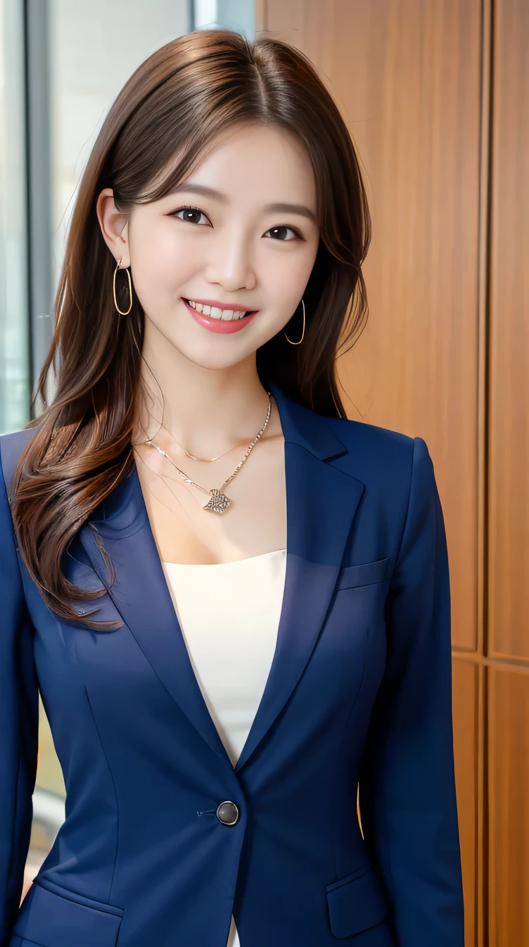 Highest quality:1.2), RAW Photos, High resolution, Very detailed, Intricate details, 、、ear piercing、、smile、Beautiful teeth alignment、Black Hair、Clear beauty,(High quality fabric, Office Lady Suits )、Necklace around the neck、, The background is the office