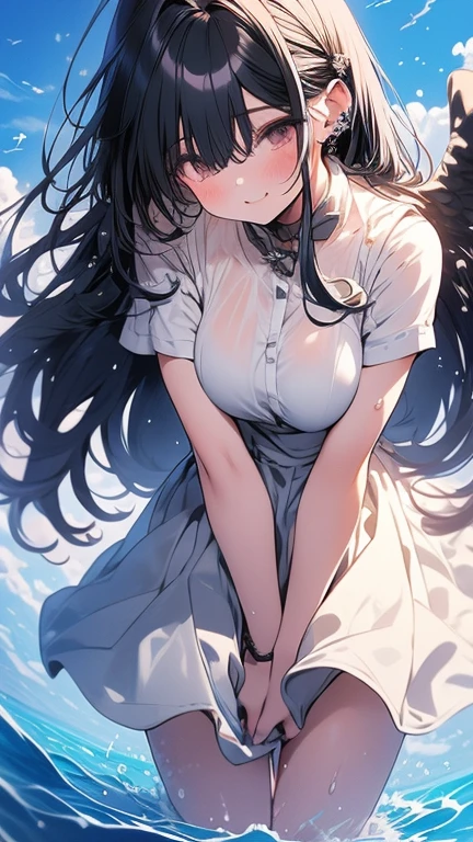 （（（I'm hugging２People Girls）））,Kissing、（（Black Hair、Shortcuts）、Sweat、飛び散るSweat、Wet、Angle from below、water着、Large Breasts、Angle from directly below、（Panty shot、Open uniform）、Wet、water、２People GirlsがKissing、Two high school girls、（（Highest quality)), ((masterpiece)), (detailed）