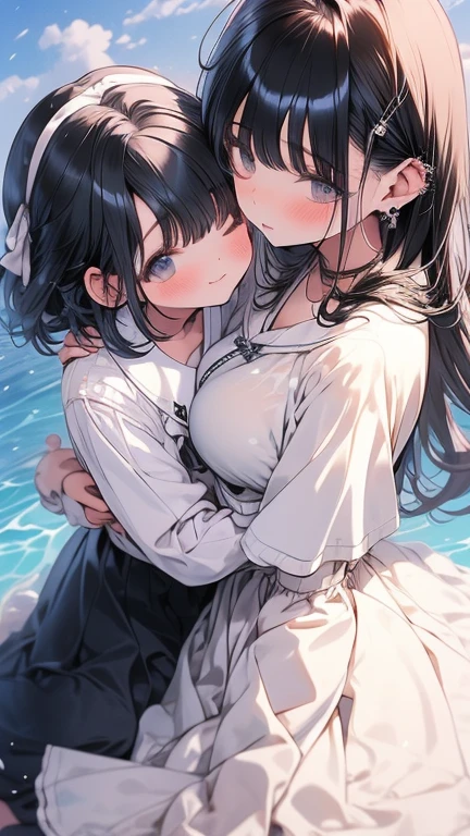 （（（I'm hugging２People Girls）））,Kissing、（（Black Hair、Shortcuts）、Sweat、飛び散るSweat、Wet、Angle from below、water着、Large Breasts、Angle from directly below、（Panty shot、Open uniform）、Wet、water、２People GirlsがKissing、Two high school girls、（（Highest quality)), ((masterpiece)), (detailed）