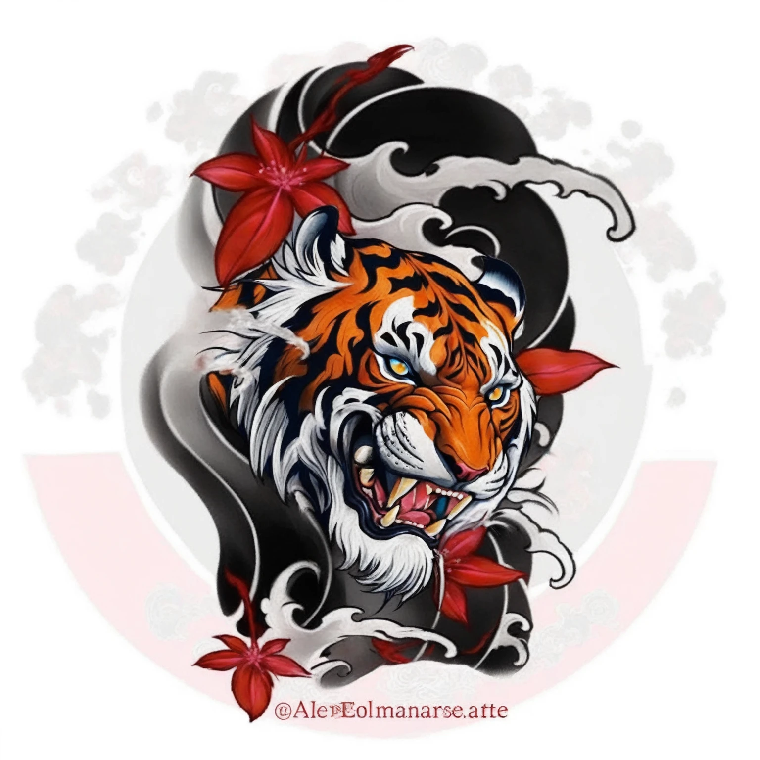 realistic tattoo art of Orange tiger with (((Blue eyes))) with pink sakura petal effect ,he is with open mouth looking very fierce and angry, the background is Japanese wave tattoo, (Unity 16K Wallpaper, masterpiece, Best Quality, high quality, Ultra-detailed, extremely details), a tattoo design, realistic tattoo art of Orange tiger with (((Blue eyes))) with pink sakura petal effect ,he is with open mouth looking very fierce and angry, the background is Japanese wave tattoo,
