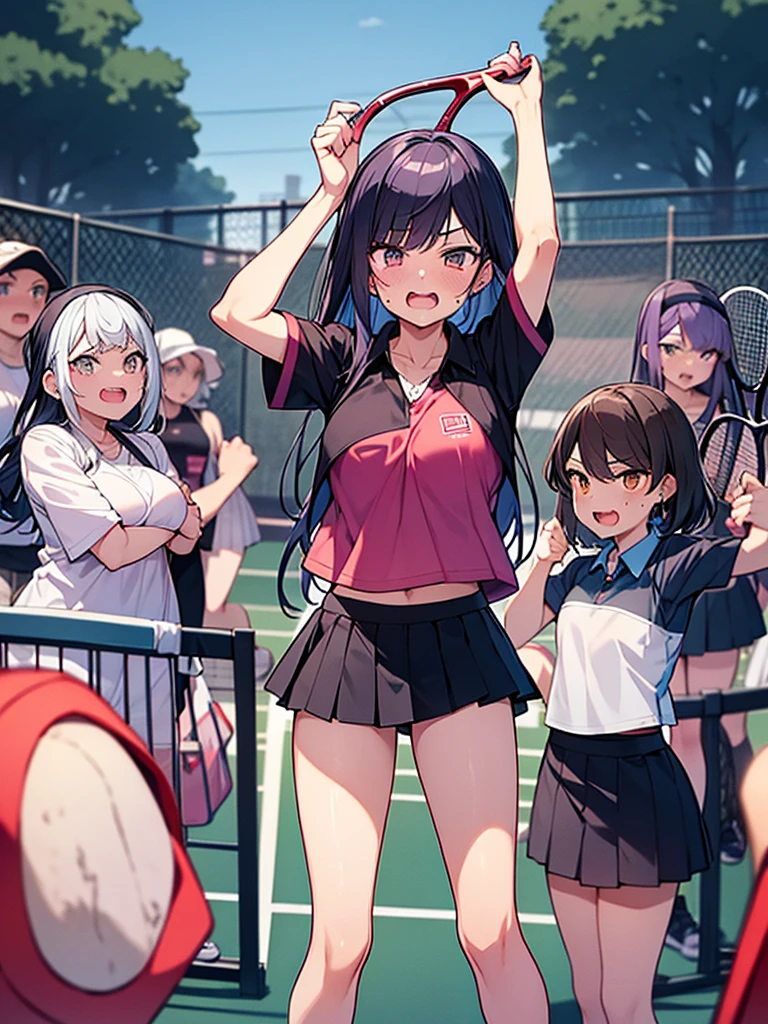 Mob women, 4 people, college students, tennis club, angry:1.9 Raising eyebrows Screaming Pointing at the viewer:1.9 Clenched fist Tennis wear Colorful hair color