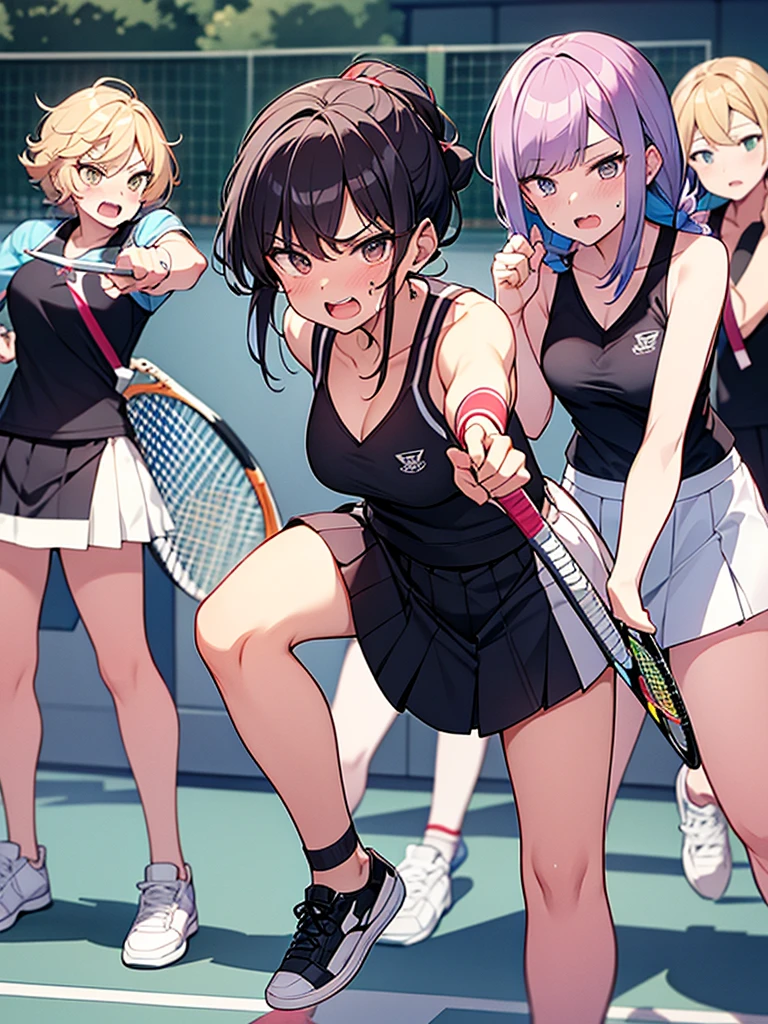 Mob women, 4 people, college students, tennis club, angry:1.9 Raising eyebrows Screaming Pointing at the viewer:1.9 Clenched fist Tennis wear Colorful hair color