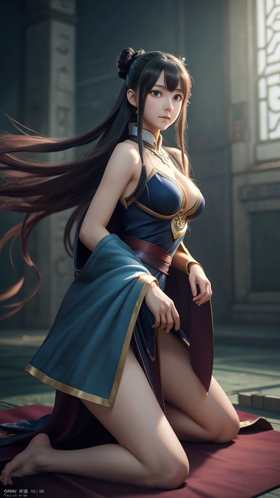 Anime woman kneeling on blanket, concept-art:Hero, Trend of CGsociety, Fantasy art, Guviz-style artwork, Guviz, Smooth anime CG art, Keqing from Genshin Impact, Ruan Jia and Artgerm, full-body xianxia, flowing magical robe