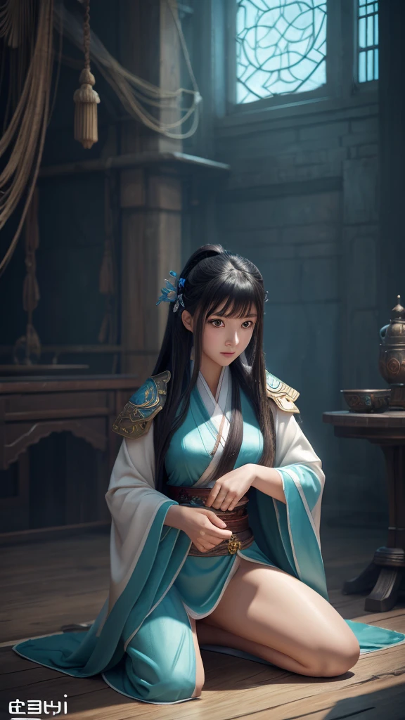 Anime woman kneeling on blanket, concept-art:Hero, Trend of CGsociety, Fantasy art, Guviz-style artwork, Guviz, Smooth anime CG art, Keqing from Genshin Impact, Ruan Jia and Artgerm, full-body xianxia, flowing magical robe