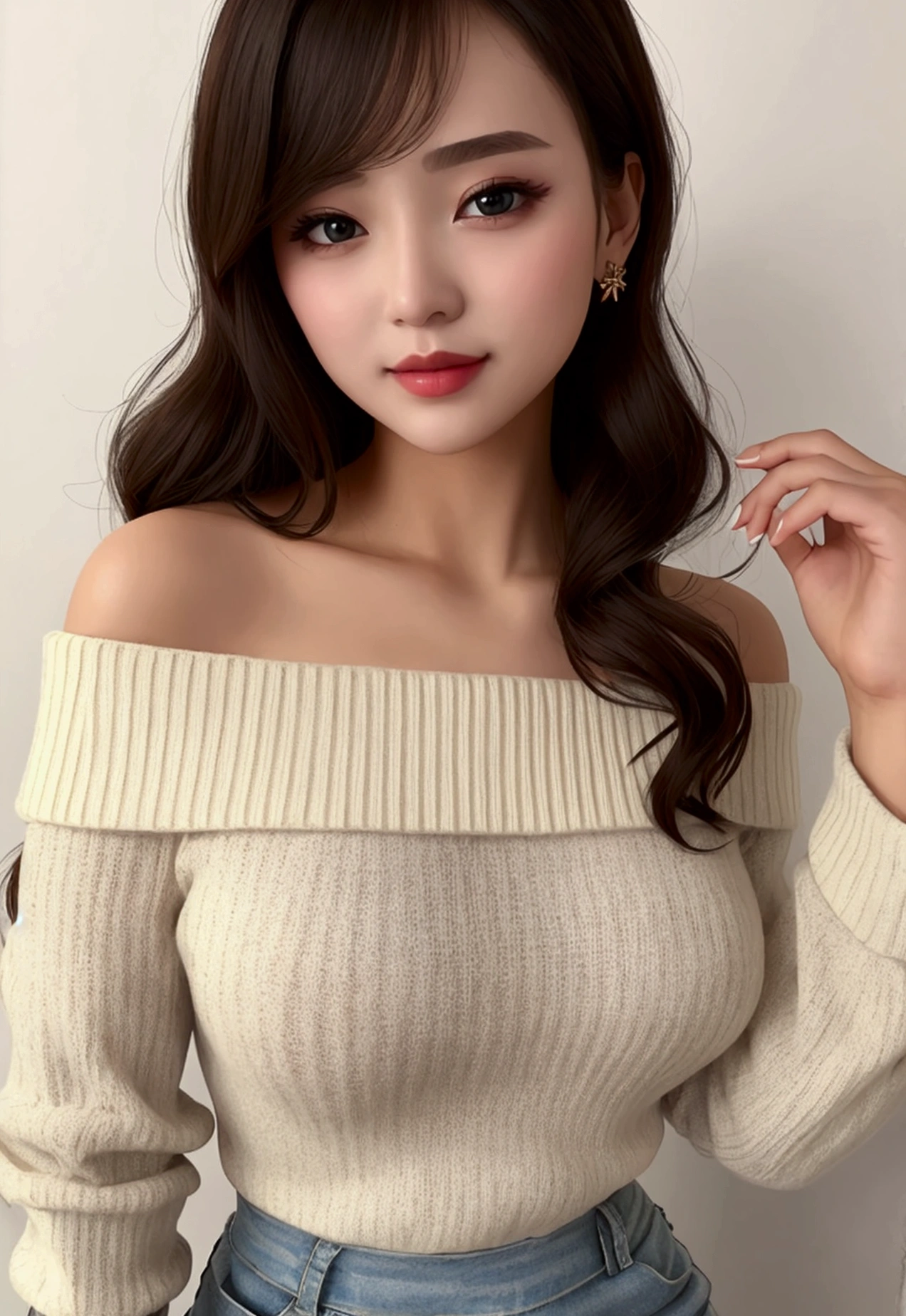 ((Best quality)), ((masterpiece)), (detailed), 1 girl, off shoulder sweater, in love