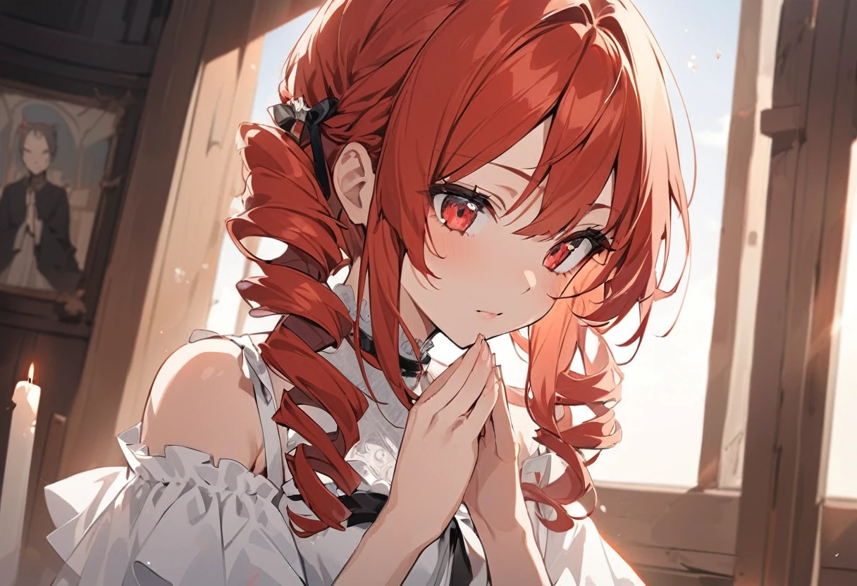 score_9, score_8_superior, score_7_superior, sauce_anime, One girl,Red eyes, Highest quality, Redhead, Ringlet, prayer, Portraiture, White sundress,