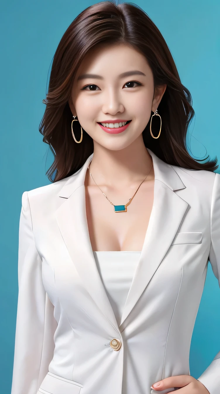 Highest quality:1.2), RAW Photos, High resolution, Very detailed, Intricate details, 、、ear piercing、、smile、Beautiful teeth alignment、Black Hair、Clear beauty,(High quality fabric, Office Lady Suits ）、Necklace around the neck、, The background is the office