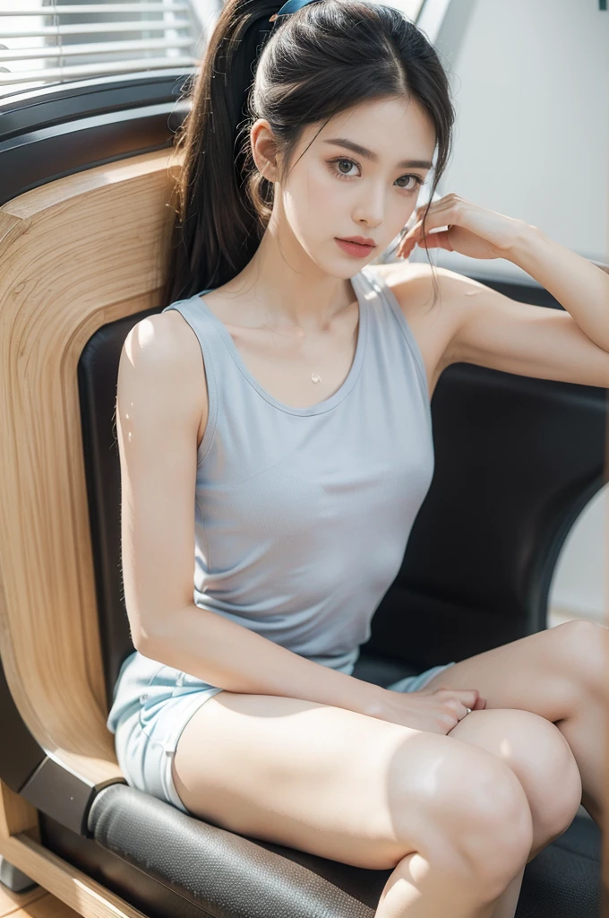 (((best quality))),(((ultra detailed))),(((masterpiece))),illustration,(1 beautiful girl,solo),((slim,thin)),((small breasts,flat chest)),(blush:1.5),summer afternoon,living room,sanctuary of tranquility,fitness,grace,(short ponytail:1.2),effortless elegance,((light blue yoga tank top,matching shorts)),youthful radiance,enchanting,inspiring,(sitting on treadmill:1.3),body drenched in perspiration,(sweat:1.5),dedication,inner strength,determination,composed,focused,eyes,lush potted plant,greenery,life,vitality,soft sunlight,warm patches of light,wooden floor,fragrant cookies,cozy ambiance,attire,functional,fashionable,comfort,flexibility,slender figure,curves,lightweight material,unrestricted movement,sneakers,feet,grip,treadmill's belt,propel,forward,serene expression,slight smile,lips,focused on horizon,visualizing goals,dreams,radiant beauty, comfortable clothing,determined spirit,captivating,inspiring image,essence of summertime fitness,self-care,((from front,upper body))