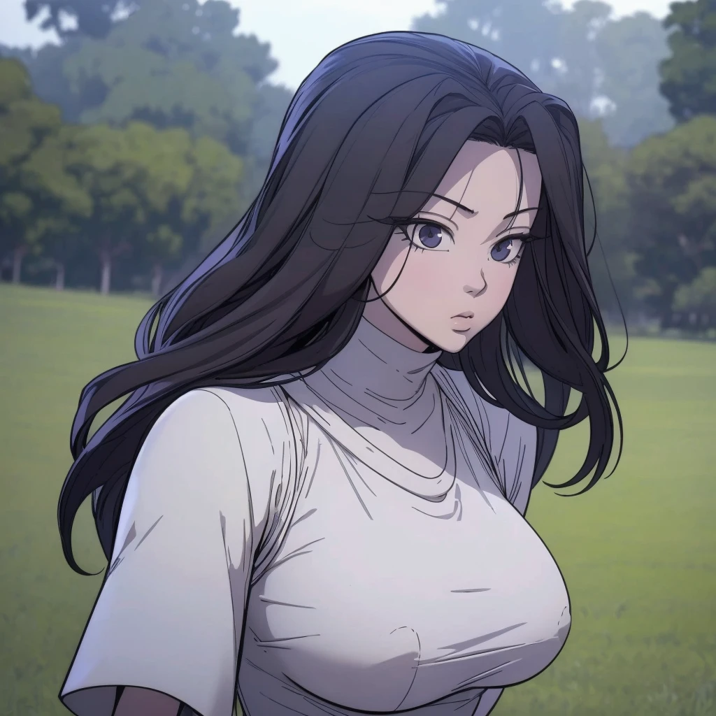 a beautiful 24 years old woman, asian girl, fit body, serious face, detailed photograph, 8k, uhd, high quality photo, grassland background, sexy girl, perfect body, perfect face, very big eyes, detailed face, detailed hands, detailed eyes, high detailed photograph, 16k, perfect woman face, ((underboob))