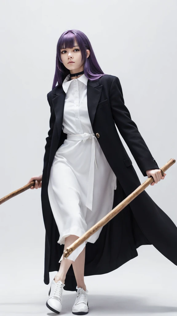 high quality, 8k, High resolution, Absurd: 1.2, (RAW Photos: 1.2), (Realistically: 1.4),Purple Hair, Long Hair, With bangs, Black coat, White Dress, Ruffled collar, Directly facing, White background, No smiles, Black shoes, Long coat, Long Length Dresses, Simple design, Big Eyes, Serious expression, Round face, Straight Hair, Formal attire, Minimalistic Style, Has a walking stick-like weapon, Long Weapons, holding a weapon in both hands, Preparing for battle, Tied up hair, Dynamic pose, Anime Style,Background Medieval Europe