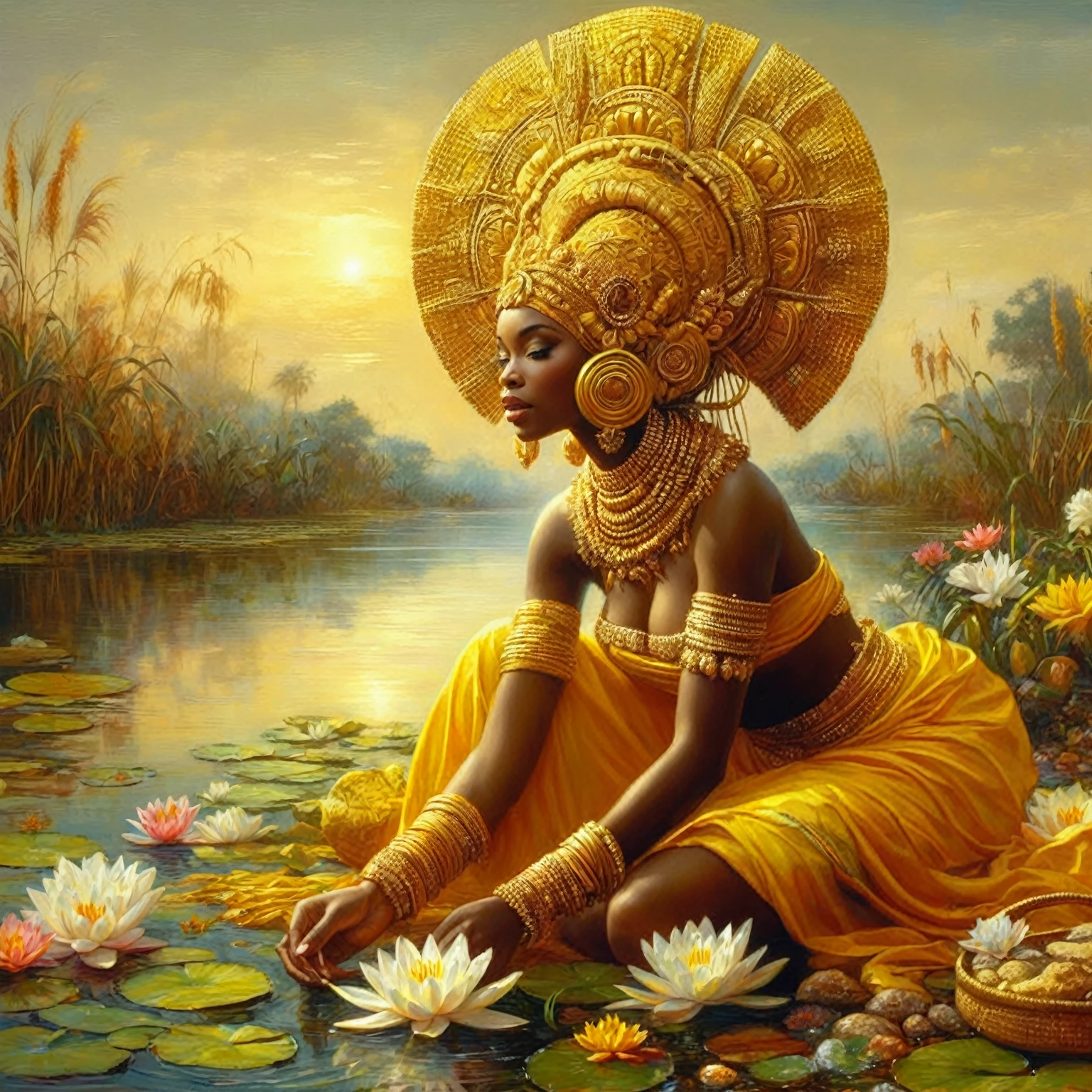 a painting of a woman in a yellow dress sitting in a lily-covered pond, dark-skinned female goddess of love, epic 3d oshun, indian goddess of wealth, gorgeous goddess, black african princess, african mythology, Afrocentric mysticism, Queen African, african princess, earth goddess mythology, as the goddess of the sun, stunning african princess