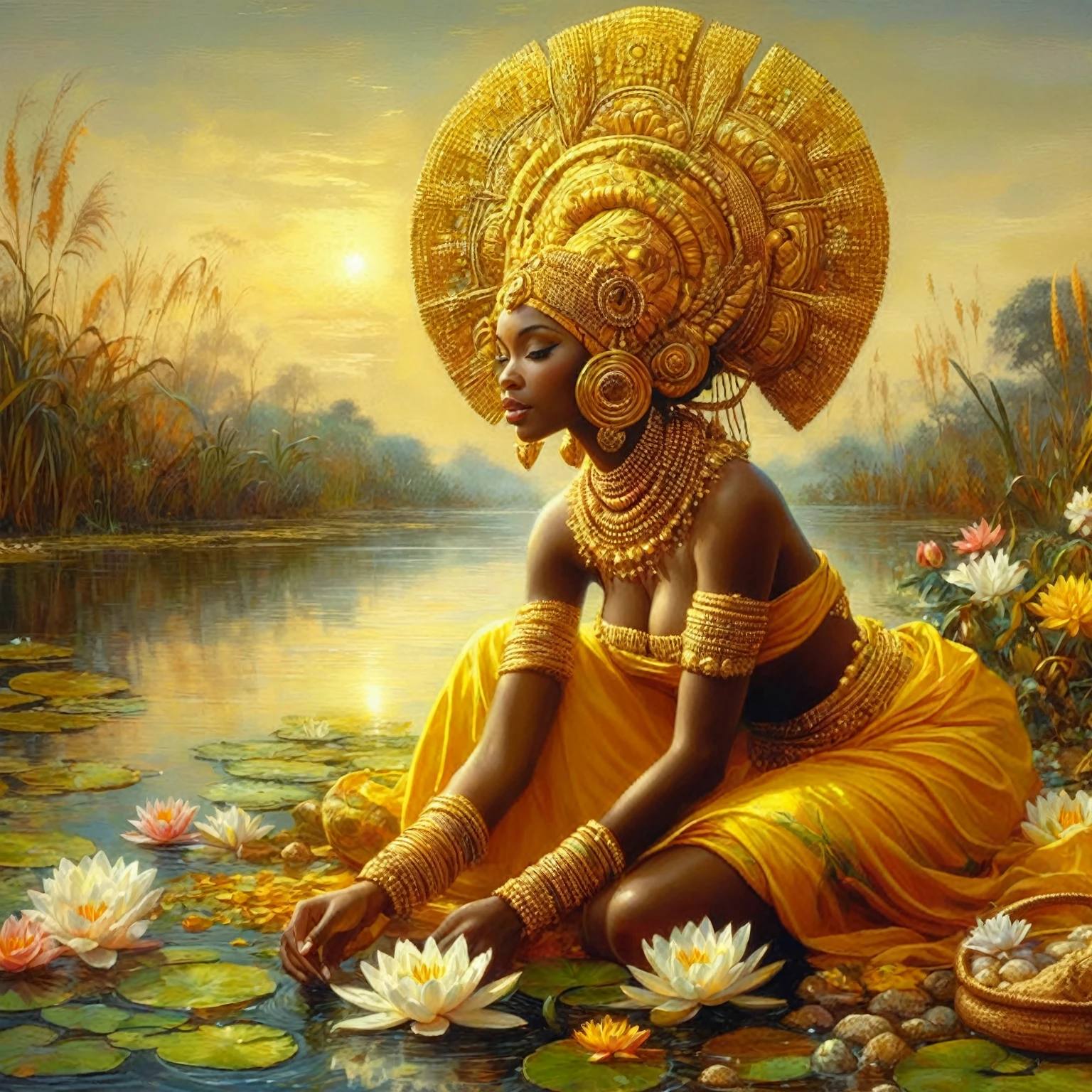 a painting of a woman in a yellow dress sitting in a lily-covered pond, dark-skinned female goddess of love, epic 3d oshun, indian goddess of wealth, gorgeous goddess, black african princess, african mythology, Afrocentric mysticism, Queen African, african princess, earth goddess mythology, as the goddess of the sun, stunning african princess