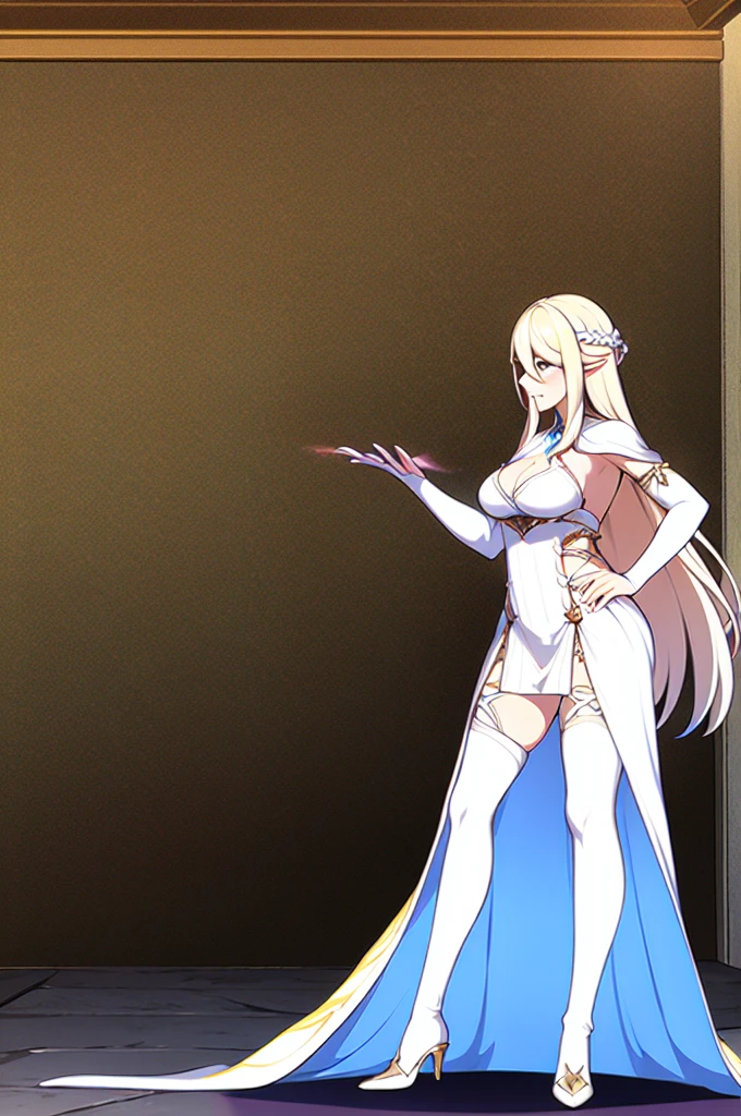adult elf woman, White skin, Long loose blonde hair, blue eyes, She wears an elegant white dress with a little cleavage but not too revealing, calm look and expression, good figure