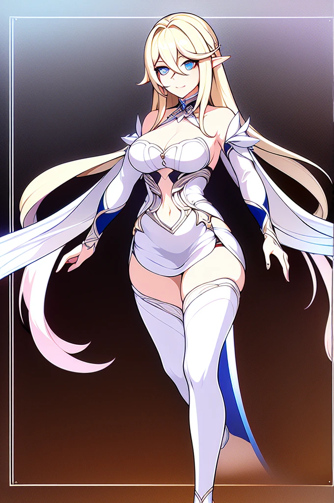 adult elf woman, White skin, Long loose blonde hair, blue eyes, She wears an elegant white dress with a little cleavage but not too revealing, calm look and expression, good figure