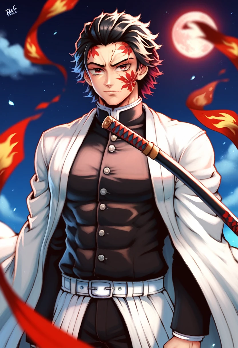 Ultra detailed, highres, absurdres, HDR, master piece, male demon slayer, black medium length hair, expressive red eyes, white cloak which covers the arms with flame designs along the bottom, black demon slayer uniform, Kimetsu No Yaiba, handsome, sexy man, solo, best quality, black and red katana with flame patterns, extremely detailed face and eyes, fire coming from katana, red moon