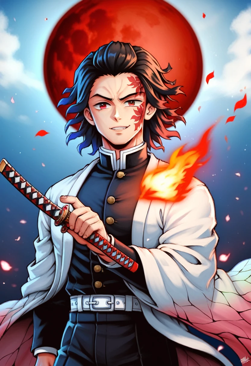 Ultra detailed, highres, absurdres, HDR, master piece, male demon slayer, black medium length hair, expressive red eyes, white cloak which covers the arms with flame designs along the bottom, black demon slayer uniform, Kimetsu No Yaiba, handsome, sexy man, solo, best quality, black and red katana with flame patterns, extremely detailed face and eyes, fire coming from katana, red moon