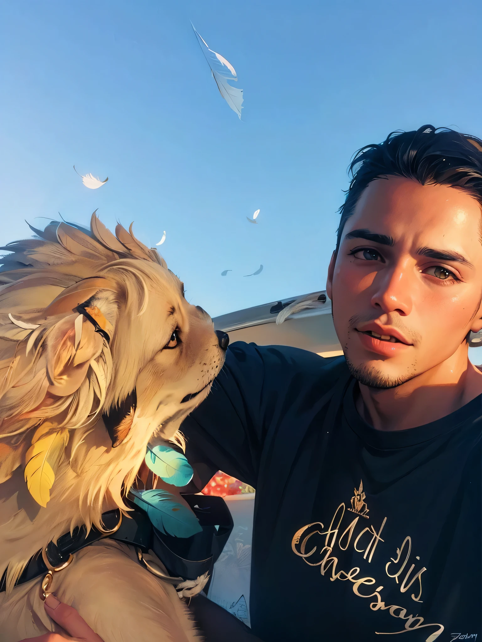 there is a man sitting in the back of a truck with a dog, selfie of a dog, around 1 , snapchat photo, profile picture, he is about 20 years old, he is about 2 0 years old, with his hyperactive little dog, he has yellow wolf eyes, he is about 2 5 years oldic, with dogsHD, (Best Detail), (Best Quality), Detailed Features, (Colored Feathers:1.5), Metal Ornaments, Particles, Light, (Fractal Art: 1.1), (Colorful: 1.1), Highest Detailed, (Zentangle: 1.2), (Abstract Background: 1.3), (Shiny skin), (many colors:1.4), (feathers:1.4),