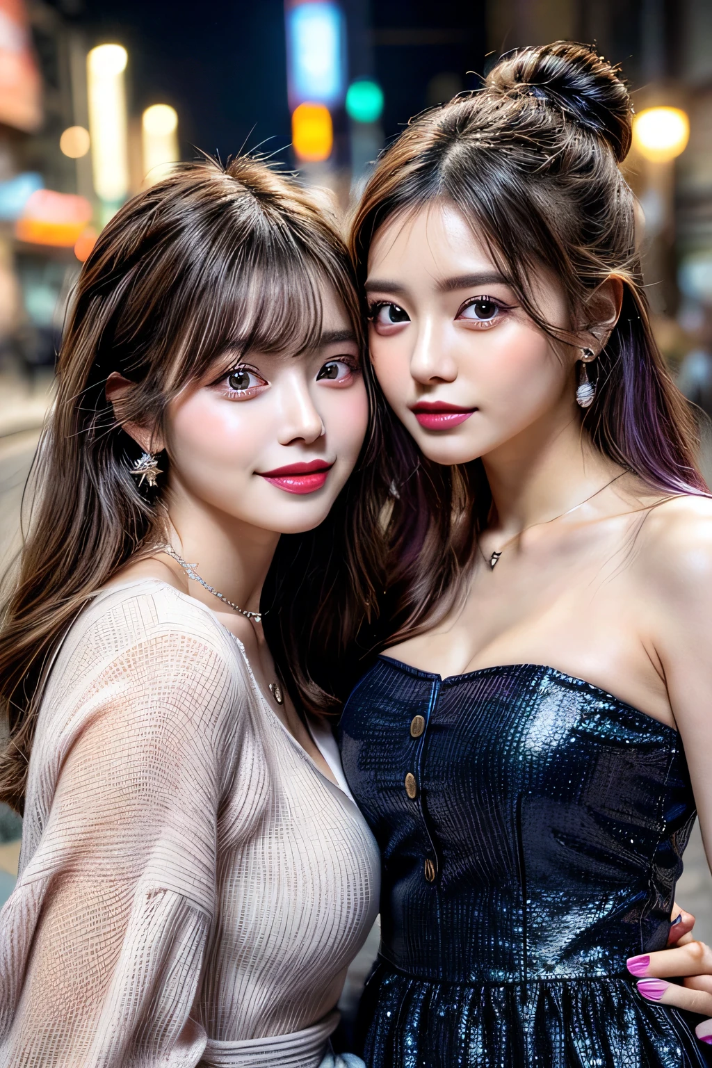 Two beer girls,best quality, digit, 超detailed, detailed, High resolution, 32K Wallpapers, Perfect dynamic composition, attention to detail,Wearing a blue evening gown,Large Breasts,Reveals deep cleavage,Just like what the top models wear,A golden necklace around her neck,bun, chest center,Beautiful big eyes like a cat, Cute button nose, small but fairly full lips, Eyebrows are thick and long, beautiful eyelashes. The whole makeup is transparent, paint your cheeks light pink,Dark eyeliner,Lip gloss makes it sparkly,Long purple hair,. casual sexy pose,laughing out loud,white teeth,full-body shot,influencer,(aesthetics:1.4) A photo of a beautiful Korean fashion model bokeh city night scene,randomly placed points,Coarse hair,Street view in the background,Ultra-high resolution,
