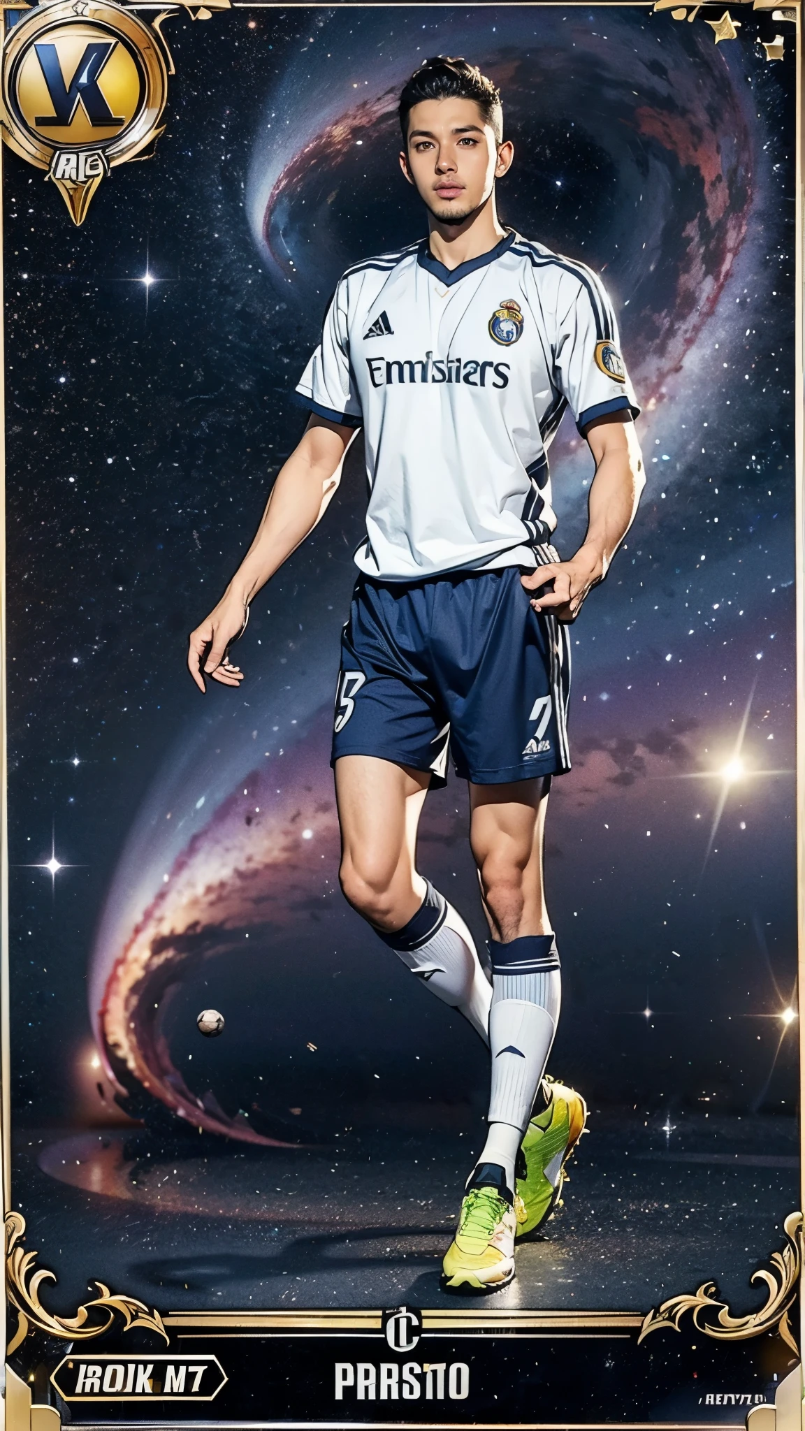 (masterpiece:1.2, Highest quality),(Super detailed),(Highest quality),(High resolution),(Photorealistic Stick),(RAW Photos),8k,wallpaper,(male:1.5),(Soccer Player Trading Cards),(((Beautiful trading cards:1.2))),((Special trading cards:1.3)),((Upper Deck-inspired design:1.2)),(Real Madrid shirt),(Soccer Shoes),(((front))),(((whole body:1.5))),(Serious),((Detailed hands)),(((dynamic))),(((The background is the galaxy)))