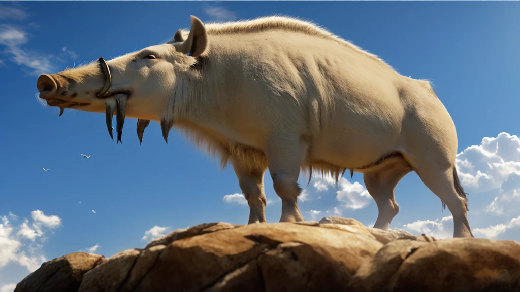 A white boar stands on a rocky cliff、(Boar with tusks)、Getting older、Lived for over 100 years、Standing bravely、The abdomen is thin and the bones are protruding、 realistic photography、 realistic 、The Last Airbender's Appa, Dramatic cinematic detailed fur, Ice Age, Anime movie shooting, From the movie Fang, ancient art, Tamandua, unicorn From the movie Fang, Arctic, ancient mongolian elon musk, voluminous fur