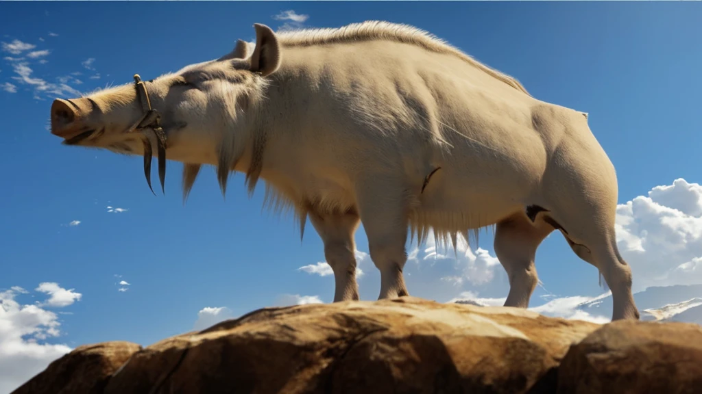 A white boar stands on a rocky cliff、（Boar with tusks）、Getting older、Lived for over 100 years、Standing bravely、The abdomen is thin and the bones are protruding、 realistic photography、 realistic 、The Last Airbender&#39;s Appa, Dramatic cinematic detailed fur, Ice Age, Anime movie shooting, From the movie Fang, ancient art, Tamandua, unicorn From the movie Fang, Arctic, ancient mongolian elon musk, voluminous fur