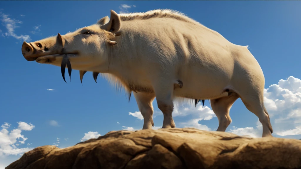 A white boar stands on a rocky cliff、(Boar with tusks)、Getting older、Lived for over 100 years、Standing bravely、The abdomen is thin and the bones are protruding、 realistic photography、 realistic 、The Last Airbender's Appa, Dramatic cinematic detailed fur, Ice Age, Anime movie shooting, From the movie Fang, ancient art, Tamandua, unicorn From the movie Fang, Arctic, ancient mongolian elon musk, voluminous fur