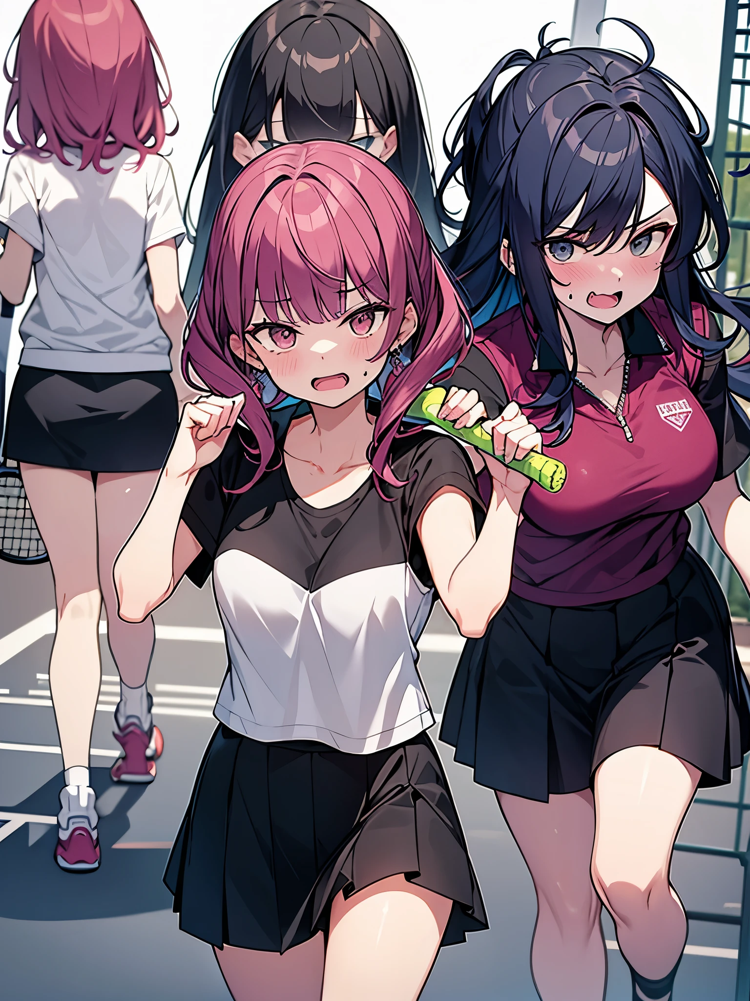 Mob women, 4 people, college students, tennis club, angry:1.9 Raising eyebrows Screaming Pointing at the viewer:1.9 Clenched fist Tennis wear Colorful hair color