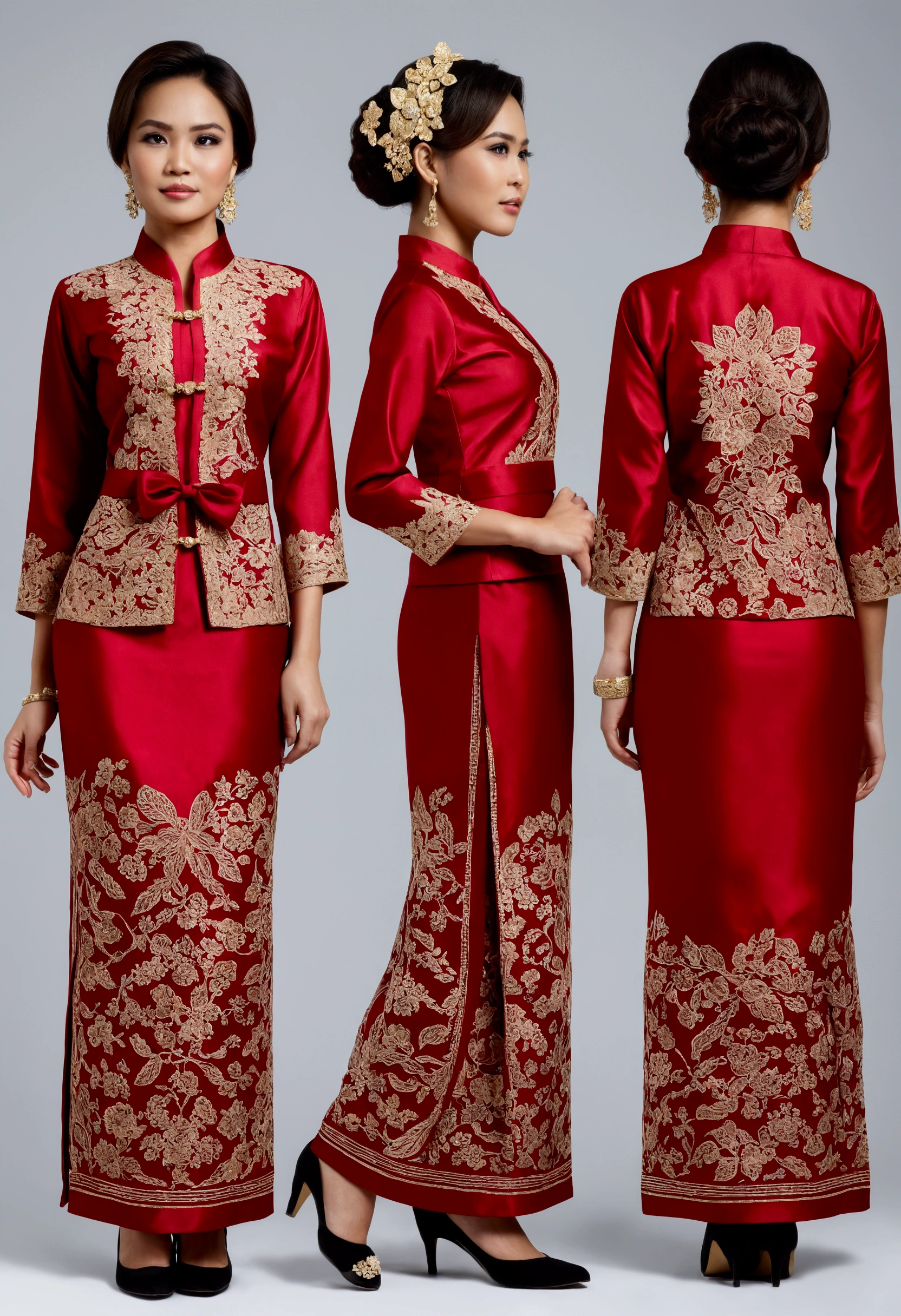 Create a practical illustration yet refined outfit for commoners in a society inspired by puteri gunung ledang with Malaysia Kebaya clothing influences. The clothing should be made from durable, comfortable materials and feature simple yet elegant designs. Utilize shades of red and incorporate batik motifs in the patterns and embroidery. The outfit should blend the functionality of Malay workwear with the flowing lines of Malaysia Kebaya attire. Accessories should be minimal but functional, such as sashes, simple jewelry, headbands, and traditional Malay shoe. The overall look should reflect the commoners' respect for strength and honor, while being suitable for daily activities. reference sheet, character chart, (((three-sided view, front front view, side view, back back view, multiple views, multiple poses and expressions, many parts))), give space space to each view, 8K resolution, high details, high quality, highres, anatomically correct