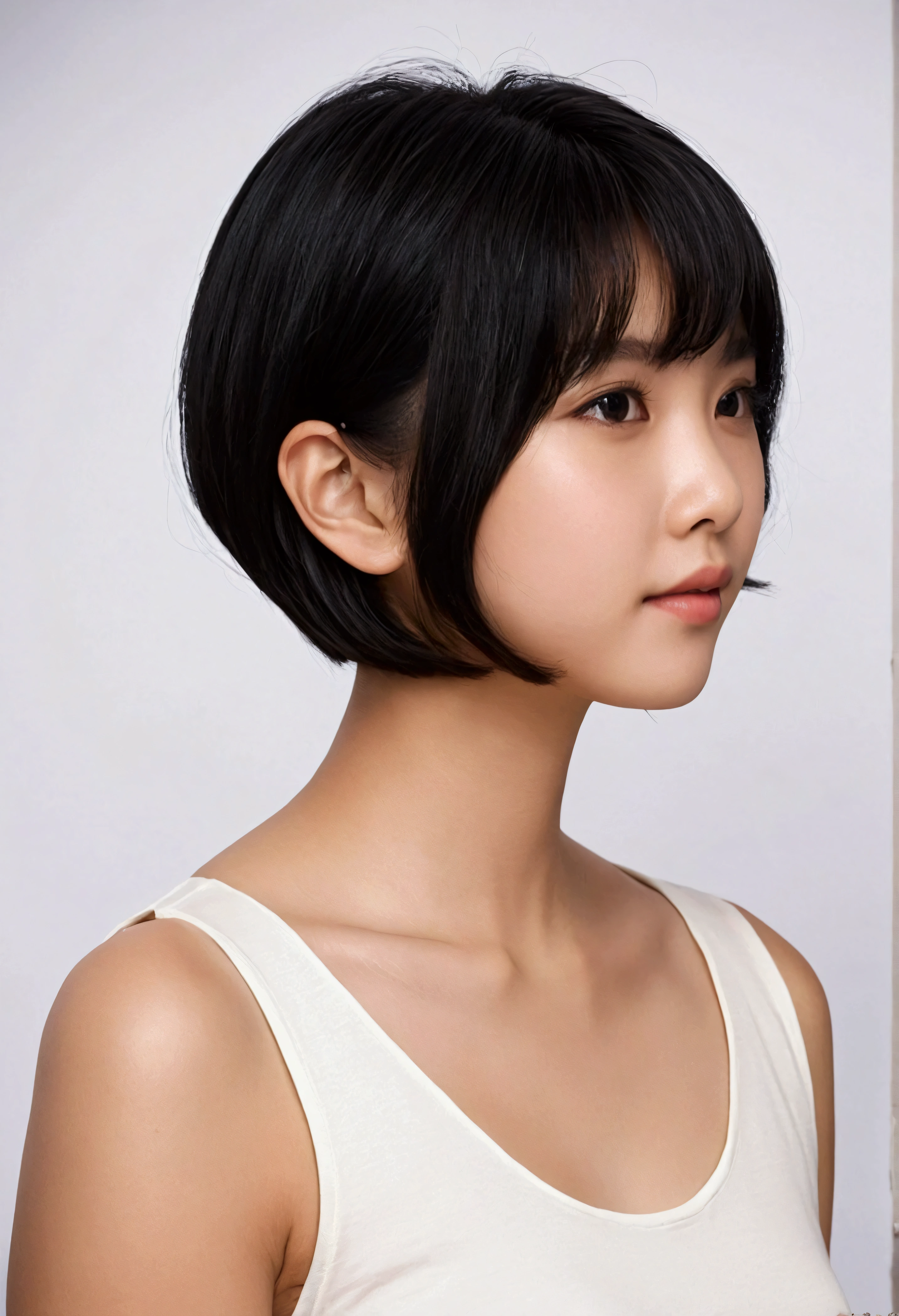 Indonesian Woman、18-year-old、Accurate facial features、Strong jawline、short hair、Black Hair、Dynamic angle shot、profile、Wide high angle view、Moderate bust、Side view、Jersey、sf