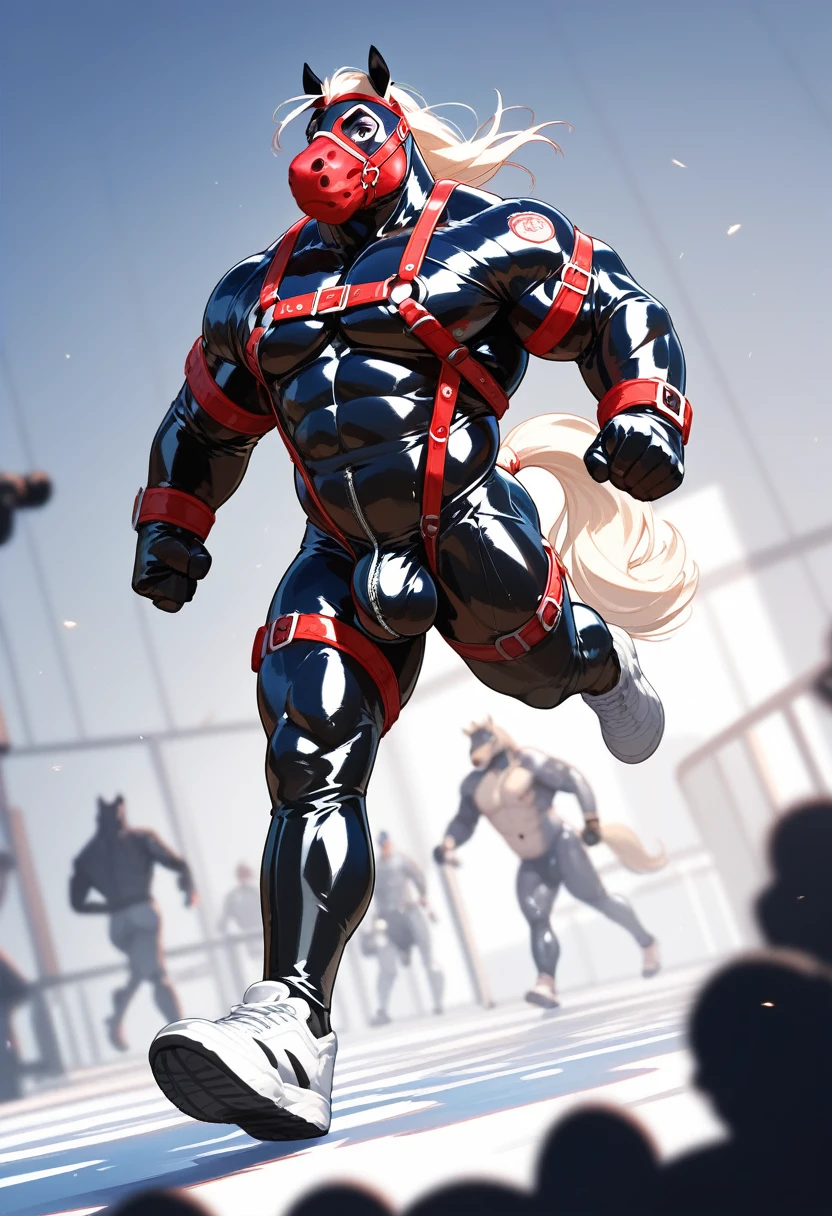 Highest quality, Highest quality, High quality illustrations, masterpiece, Ultra-high resolution, Detailed Background, grassland, Absurd, Perfect Anatomy, performance, Good lighting, Shadows in the movies(kemono, Furry Personifi猫ion), horse, Muscle Body, Rubber Suit, Bodysuits, Red harness, Rubber mask, big null bulge, running