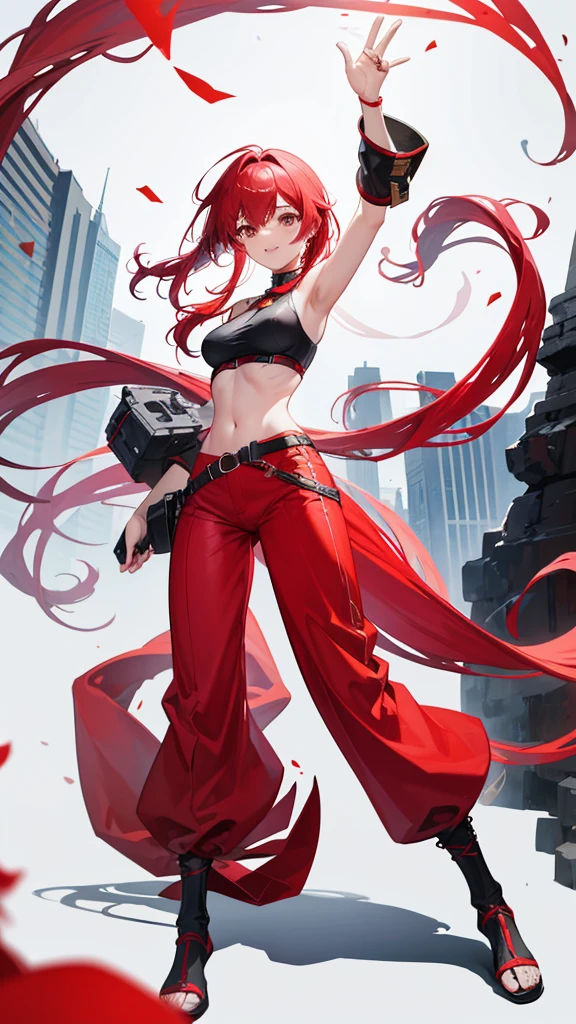 Red belly-baring outfit and long pants super cool pants red-haired girl((Full body pictures)),Perfectly proportioned body,slim,Lively, Cheerful and happy,Ultra-clear,White silk leg ring,Firefox