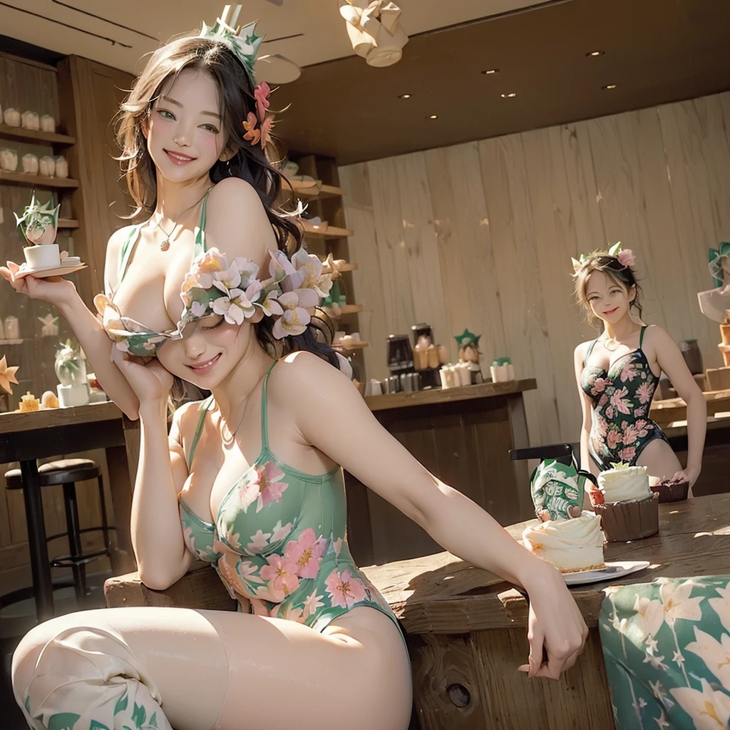 (((((((((Emphasize cleavage))))))))) 
(((((((((Three Women))))))))) 

(((((((((((A woman wearing a colorful floral leotard))))))))))


((((((White skin))))))
((((((Heavy makeup))))))
((((((Beautiful Face))))))
((((((((Embarrassing pose))))))))
(((((((((Full body photo)))))))))
 (((((((お洒落でかわいいInside the Starbucks store))))))) 
8k、RAW Photos、Highest quality、Super detailed、Super Resolution、Ultra HD、8k wallpaper、Amazing details 

(((((((((((Inside the Starbucks store)))))))))))、
 ((((((Sit down and eat cake、Drink Starbucks coffee、smile))))))、((Heart Necklace)) Modern and sleek design：Interior design using natural materials、Many of the designs are warm and made using wood and metal.。 Large windows：自然光をたっぷり取り入れるためのLarge windowsがあり、Providing a bright and open space。 Green Interior：Potted plants are effectively placed、It creates a relaxing atmosphere。 artwork：Works by local artists、Starbucks-related art on display。 Cozy seating：Cushioned chairs and sofas、Bar sheet etc.、A variety of seating options available。 Open kitchen area：Being able to see how drinks and food are made、We provide peace of mind and transparency。 Unique lighting：Antique lamps and chandelierodern lighting fixtures are used。 Comfortable background music：Relaxing music is playing、A comfortable space is provided。 Wide々Table space：一人でもグループでも使いやすいWide々There is a table with。 Community Table：There is a large table where you can socialize with other customers.。 Seasonal decorations：The decorations are themed according to the season.。 Design with a local feel：The design incorporates the local culture and characteristics.。 Fragrance production：コーヒーの香りが店内にWideがり、A space that satisfies the five senses has been created.。 Conversation with a barista：フレンドリーなConversation with a baristaが楽しめるカウンターエリアがあります。 
