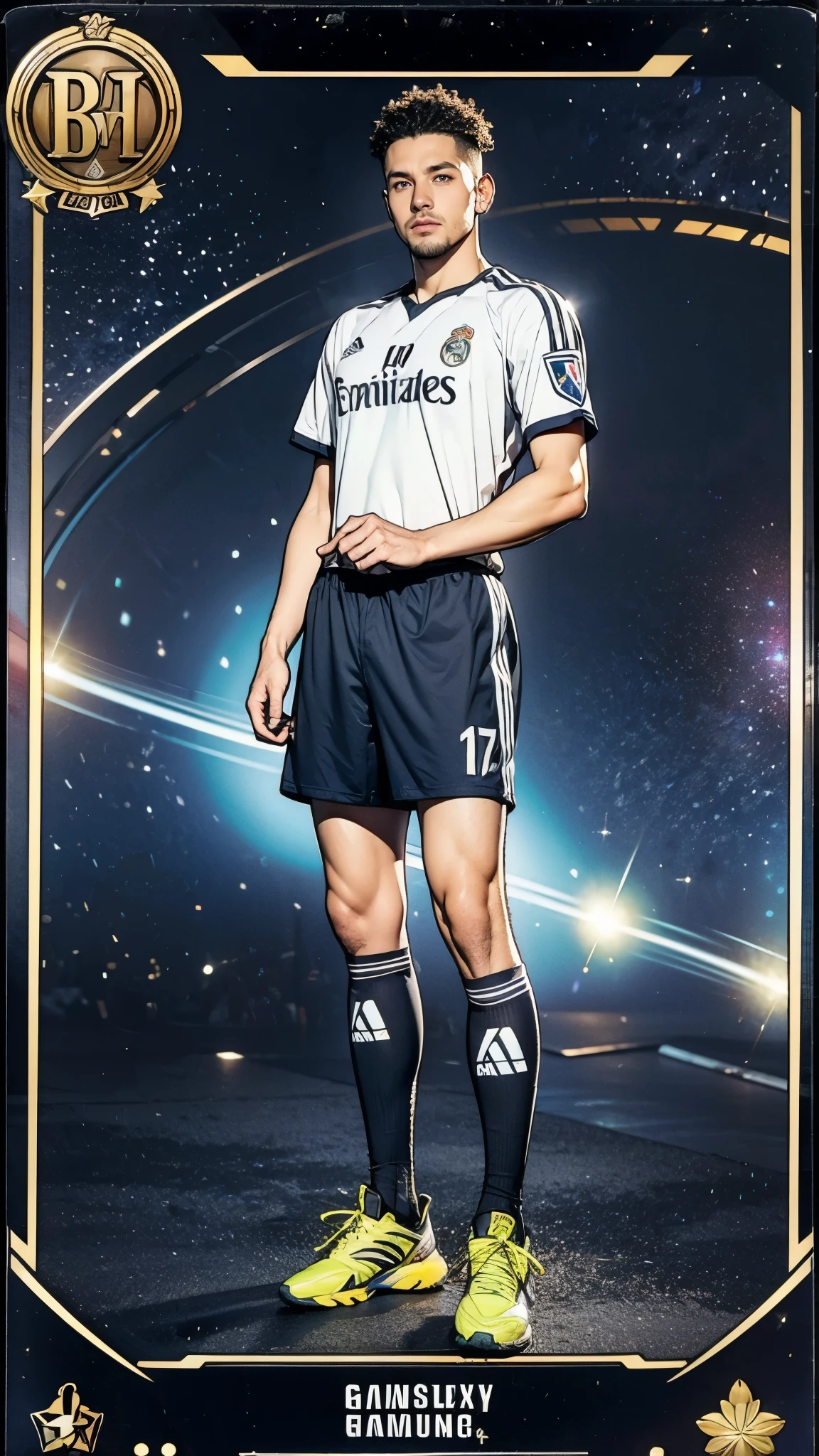 (masterpiece:1.2, Highest quality),(Super detailed),(Highest quality),(High resolution),(Photorealistic Stick),(RAW Photos),8k,wallpaper,(Black man:1.5),(Soccer Player Trading Cards),(((Beautiful trading cards))),((Special trading cards)),((Upper Deck-inspired design)),(Real Madrid shirt),(Soccer Shoes),(((front))),(((whole body:1.5))),(Serious),((Detailed hands)),(((dynamic))),((The background is the galaxy))