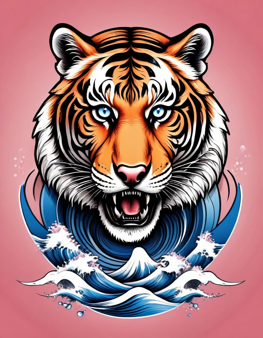 realistic tattoo art of Orange tiger with (((Blue eyes))) with pink sakura petal effect ,he is with open mouth looking very fierce and angry, the background is Japanese wave tattoo, (Unity 16K Wallpaper, masterpiece, Best Quality, high quality, Ultra-detailed, extremely details), a tattoo design, realistic tattoo art of Orange tiger with (((Blue eyes))) with pink sakura petal effect ,he is with open mouth looking very fierce and angry, the background is Japanese wave tattoo,