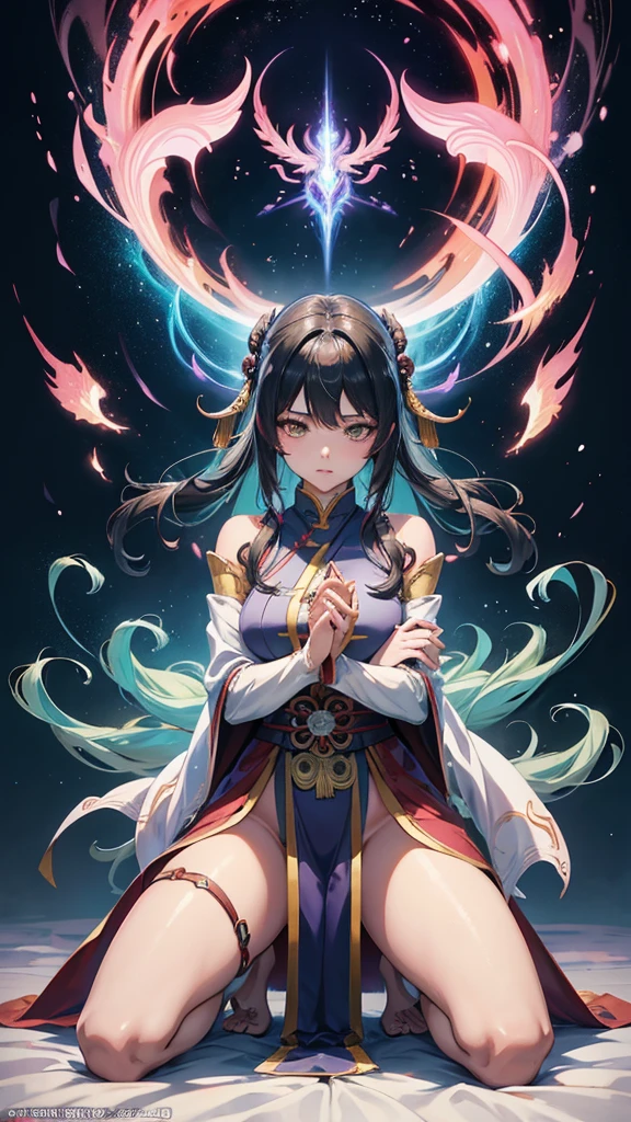 Anime woman kneeling on blanket, concept-art:Hero, Trend of CGsociety, Fantasy art, Guviz-style artwork, Guviz, Smooth anime CG art, Keqing from Genshin Impact, Ruan Jia and Artgerm, full-body xianxia, flowing magical robe