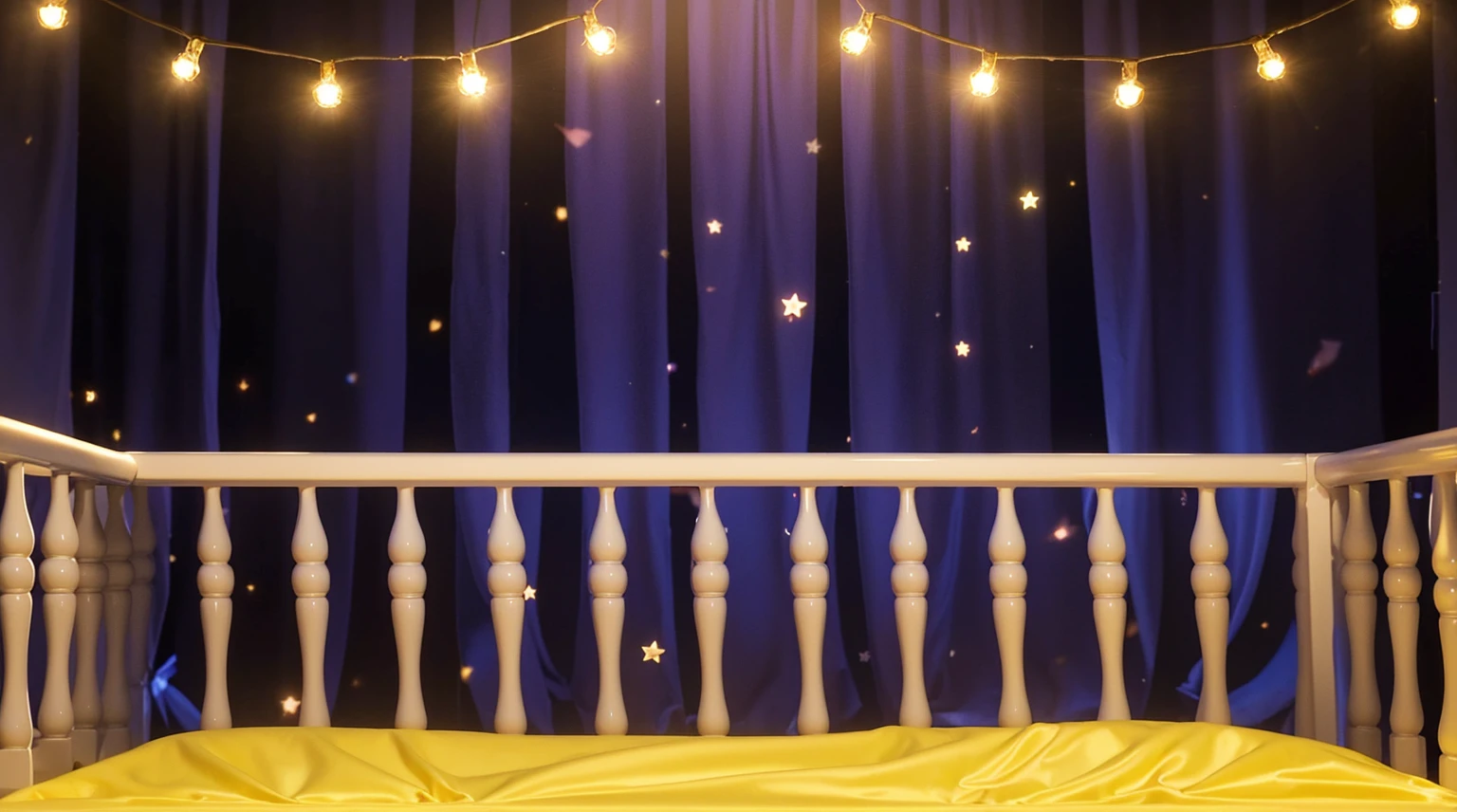 This image features a charming and whimsical children's crib set against a festive background. The crib is surrounded by rich purple curtains, creating a cozy and enchanting atmosphere. Above the crib, decorative garlands with glowing yellow lights add a magical touch, casting soft light and creating twinkling reflections that dance across the curtains. The golden, fuzzy blanket inside the crib suggests warmth and comfort, enhancing the overall dreamy and starlit ambiance of the setting. This setup appears ideal for a child's nursery, where the decorative elements contribute to a joyful and peaceful sleeping environment.  аffects render, (glossy plastic texture with multiple big light probe refractions), perfect cgi, smooth silhouette, high intensity refraction, (super glossy plastic material), most beautiful vfx, , realistic, 4k, high resolution, rim light, smooth 3d model, multiple light sources, rim light, sharp post effects render,, realistic, 4k, high resolution, rim light detailed digital art, reflective, best quality, 4k, masterpiece:1.2, ultra-detailed, realistic, vivid colors, The image of the highest quality, ensuring every detail showcased perfectly. It in 4k resolution, allowing viewers to immerse themselves in the richness of the colors and intricate details. The realistic rendering. under the spotlight, reflecting, high-resolution image, realistic rendering