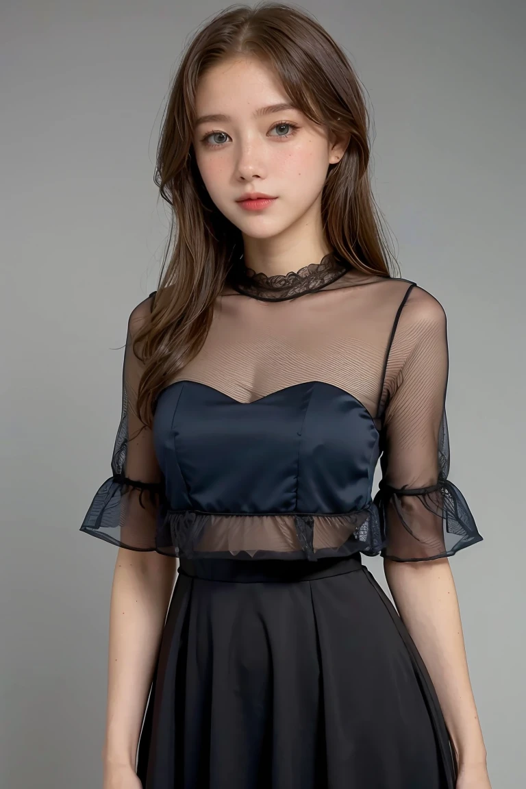 One girl, Black Random Formal Dress, White Background, Brown Hair, American Girl, blue eyes,