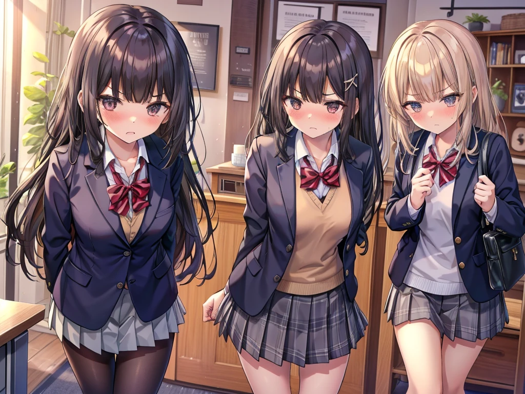 Colleges and universities　Girls-only school　Baby Face　Multiple female students　Colleges and universities教室の背景　Center of the room　Multiple female studentsが口喧嘩　beautiful girl　Classmate　Multiple women　　　belligerent　Angry with frown　　Very cute blazer　　Blushing cheeks　Very embarrassed look　Angry attitude　glaring at each other